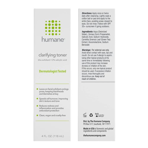 Humane Clarifying Toner for Face - 2% BHA Liquid Salicylic Acid - Pore Minimizer and Face Exfoliator - Gentle for All Skin Types - Removes Excess Oil, Dead Skin Cells, and Grime - 4 Ounce