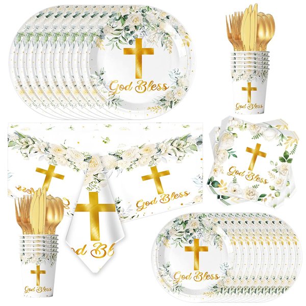 81Pcs God Bless Party Tableware Set First Communion Party Decoration,Newborn Baptism Church Birthday Party Supplies