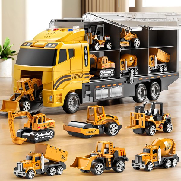NIPLOOOW Toddler Boys Toys for 3 4 5 6 Years Old, Construction Truck Vehicle Toy Set with Play Mat, Die-Cast Toy Car Carrier Truck for Boys Kids, Birthday Gifts Toys for 3 4 5 6 7 8+ Year Old Boys