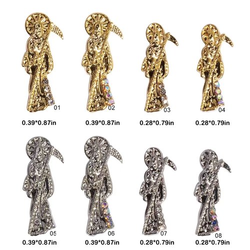 Santa Muerte Nail Charms,16PCS Gold Sliver Alloy Nail Rhinestones Decoration for Acrylic Nails, Grim Reaper Nail Gems Diamonds Accessories for Nail Art Supplies Manicure Craft DIY BBATT-HAPPY