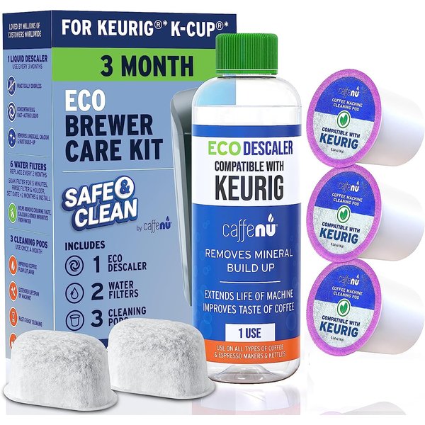 Keurig Compatible Descaling Solution Keurig Cleaner and Descaler Kit. 1 Keurig Descaling Solution, 3 Keurig Cleaning Pods and 2 Keurig Filter Replacement. 3-Month Maintenance Kit. For Keurig 1.0 & 2.0