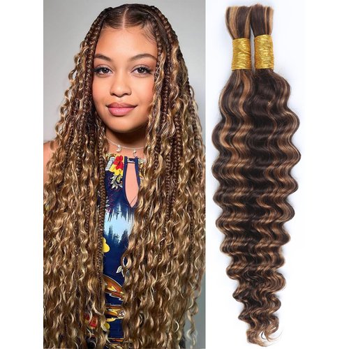 Highlight Human Braiding Hair for Boho Braids 2 Bundles 20 Inch 100g P430 Deep Water Wave Bulk Human Hair for Braiding Wet and Wavy Curly Bundles No Weft Micro Braiding Hair Human Hair Extensions