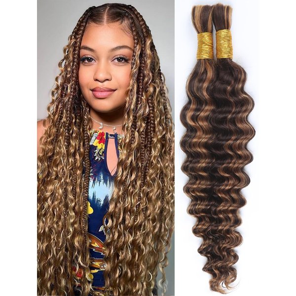 Highlight Human Braiding Hair for Boho Braids 2 Bundles 20 Inch 100g P430 Deep Water Wave Bulk Human Hair for Braiding Wet and Wavy Curly Bundles No Weft Micro Braiding Hair Human Hair Extensions
