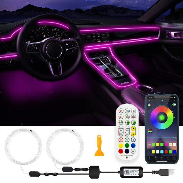 SAMGCHI USB Car LED Lights, Interior Car Lights Strip with APP and RF Remote Control, 2 in 1 Car Ambient Lighting with 157 inches Fiber Optic Music Sync Simple Installation EL Wire Lights for Car
