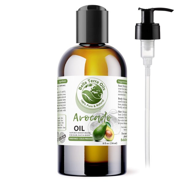 Bella Terra Oils - Avocado Oil 8 oz - A Luxurious Dive into Natural Avocado Benefits, Enriched with Potassium & Folic Acid, Elevate Your Skin Care Routine