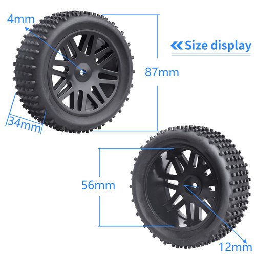 Hobbypark (4-Pack) 1/10 Scale Off Road Buggy Tires & Wheel Rims Set Front and Rear 12mm Hex Hubs with Foam Inserts for RC Hobby Car