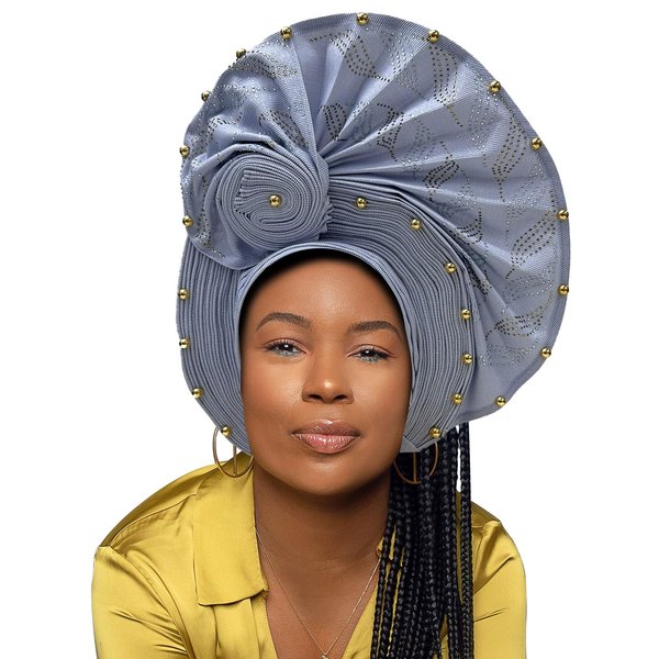 QliHut Nigerian Headtie African Head Wraps Already Made Auto Gele African Turban Cap For Party (Silver)