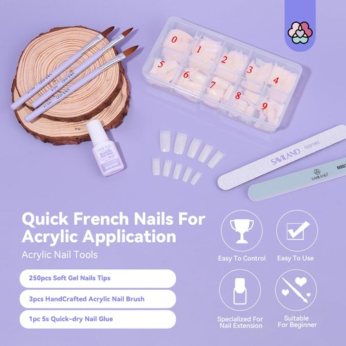 SAVILAND Acrylic Nails with Acrylic Nail Brush: Half Cover False Nails Tips 10 Sizes Nail Tips for Acrylic Nails Professional French Tips Fast-Dry Nail Glue & Acrylic Nail Starter Kit Natural