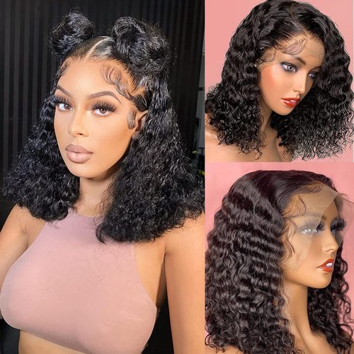UPIGUILK 14 Inch Short Curly Bob Wig Human Hair 13x6 Frontal Lace Wig Bob Wigs for Black Women Human Hair Glueless HD Lace Front Wigs Deep Wave Curly Bob Wig Short Bob Wig 180 Density Natural Black