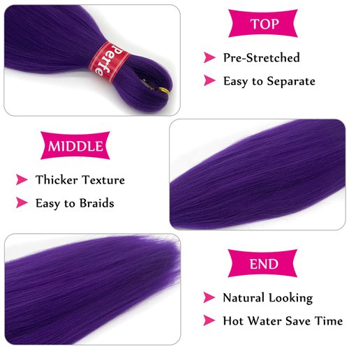 Purple Braiding Hair Pre Stretched Kanekalon Knotless Prestretched Braiding Hair 16 inch Colored Hair Extensions for Braiding Pre Stretched Micro Braids Itch Free Yaki Short Braiding Hair