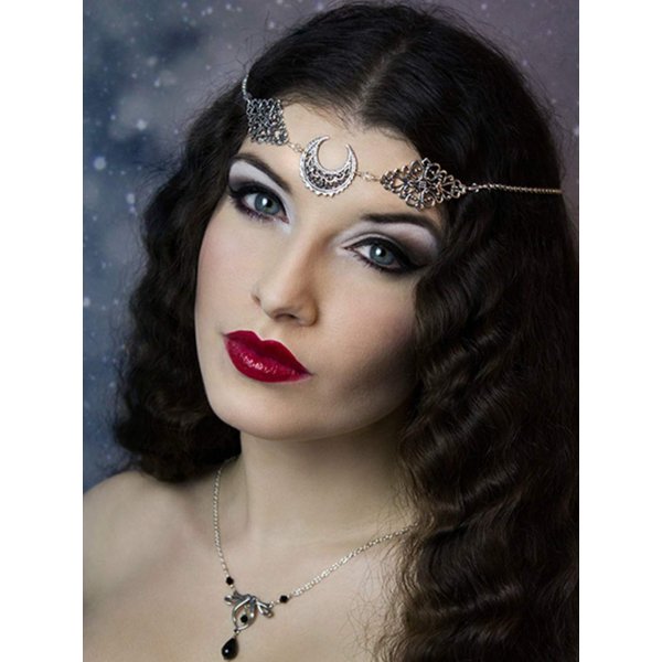 RELOVET Crescent Moon Crystal Silver Headpiece Gothic for Women Festival Halloween Hair Accessories (black beads)