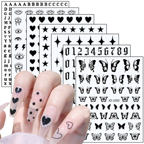 7 Sheets Black Nail Art Stickers, 3D Geometry Nail Transfer Decals, Butterfly Heart Letters Numbers Stars Eyes Nail Self-Adhesive Sticker Design for Women Girls Manicure Charms Decorations