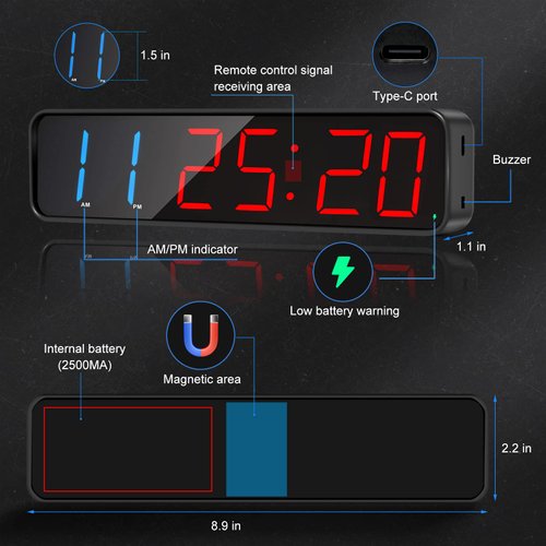 Jhering Gym Timer, Portable, Interval Timer with Rechargeable Battery and Built-in Magnet, LED Digital Anti Vertigo Display, Upgraded Workout Clock for Home Gym Garage Fitness(1.5" Black)