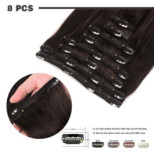 14" Remy Clip in Hair Extensions Human Hair Black for Women Beauty - Short Silky Straight 8pcs 20clips Real Human Hair Clip in Extensions (14 inch 100g #1B Natural Black)