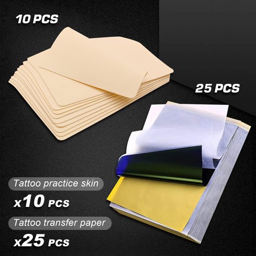 Jconly Tattoo Practice Skins with Transfer Paper - 35Pcs Tattoo Fake Skin and Stencil Paper Kit Includes 25Pcs Tattoo Paper and 10Pcs Double Sided Tattoo Skin Practice
