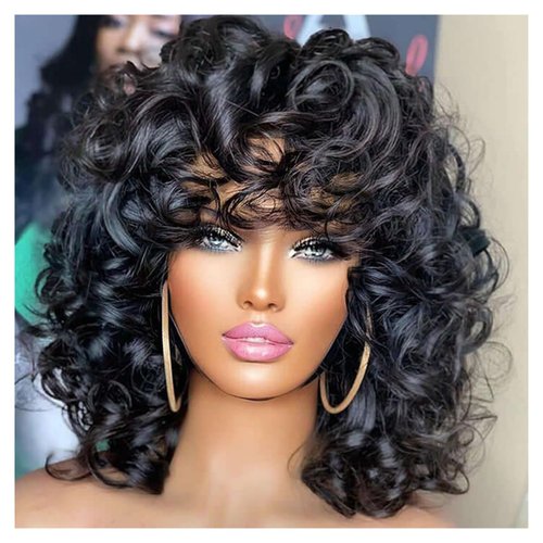 Lotfon Short Curly Wigs for Black Women Synthetic Hair Heat Resistant Fluffy Natura Wigs for African American Women (Black)