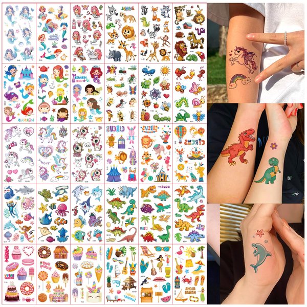Cartoon Temporary Tattoos for Kids, 30 Sheet 400+ Mixed Styles Temporary Tattoos Stickers for Girls Boys,Dinosaur Mermaid Animals Tattoos for Kids Birthday Party Gifts 572