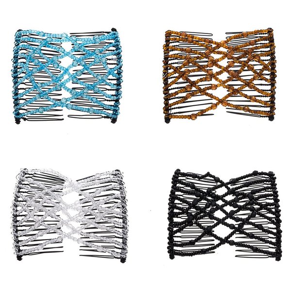 FXQHAN 4 Pieces Beads Hair Combs Magic Elastic Hair Clips Stretchy Hair Comb Double Clips for Women Hair Accessory