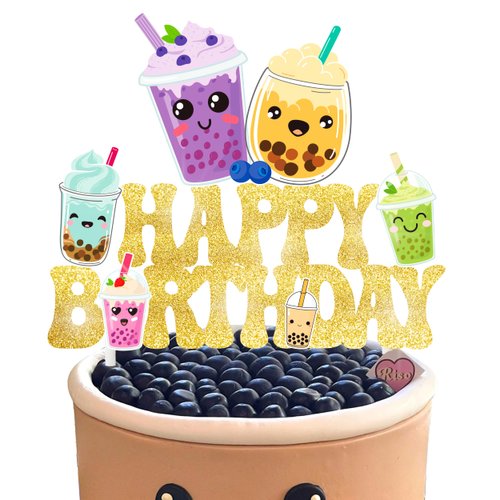 Bubble Birthday Party Cake Topper Bubble Milk Tea Gold Glitter Happy Birthday Cake Topper Funny Boba Tea Birthday Decoration for Bubble Theme Party Pearl Milk Tea Party Baby Shower Supplies