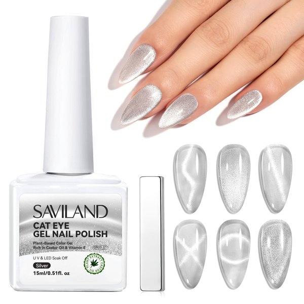 SAVILAND 15ml Glitter Silver Cat Eye Gel Nail Polish Castor Oil Vitamin E: Cateye Gel Polish Soak Off U V LED Nail Lamp Reflective Shining Magnetic Gel Nail Polish Nail Art Magnet Home DIY Nail Salon