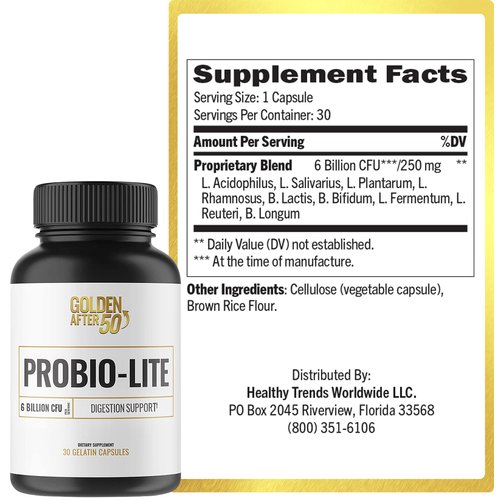 Golden After 50 Probio-Lite - for Gut Health and Digestion Support - Probiotics for Men and Women - 30 Gelatin Capsules - Probiotics for Occasional Heartburn, Gas, Indigestion