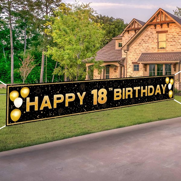 ANATANOWOR 18th Birthday Decorations for Boys and Girls, Black and Gold Happy 18th Birthday Decorations Banner, 18 Years Old Bday Party Supplies (118" X 20")