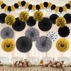 Recosis Black and Gold Decorations, Paper Pompoms Fan for Graduation Birthday Wedding Prom Night New Years Black and Gold Party Decorations