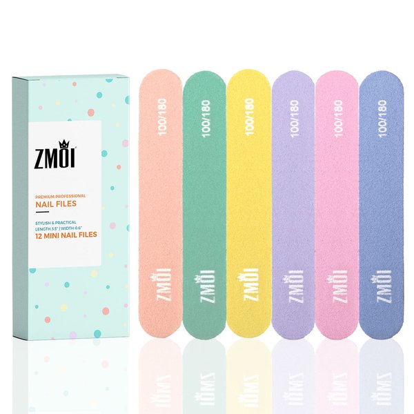 ZMOI Professional Mini Nail File – 12 Stylish - Practical Fingernail File Pack for Natural and Acrylic Nails 100/180 Emery Boards (Macaroon Color)