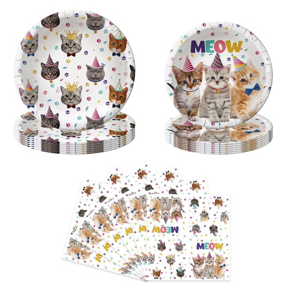 BAIFNEZ 40Pcs Cat Birthday Party Plates Napkins, Cat Party Supplies paper plates, kitten birthday Disposable Tableware Decorations