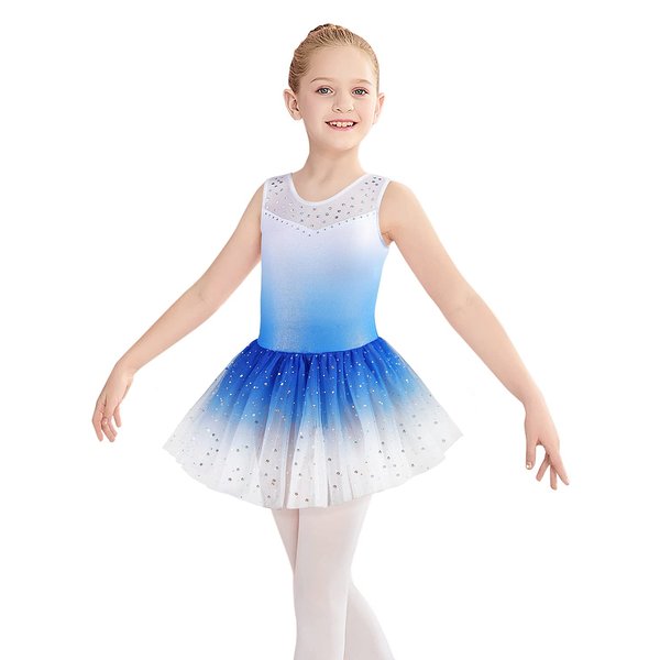 Gymnastics Leotards for Girls size 6 7 Ballet Tutu Dance Dress Gradient Blue Sleeveless Gymnastic Skirt(Baby Girls/Toddler Girls/Big Girls) (Blue White, 6-7 Years)