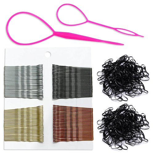 Guokoo 300 Pcs Hair Pins Kit, 100 Pcs 2 Inch Bobby Pins Black Blonde Brown Silver, 200 Pcs Black Rubber Bands for Hair, Hair Accessories for Women and Girls of All Hair Types