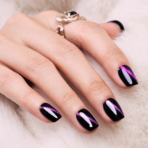 Wooyas Cat Eye Press on Nails Short, 9D Glitter Black Square Handmade Fake Nails with Purple Glitter Design, Glossy Salon Perfect Magnetic Gel Nails in 12 Sizes - 24 Pcs Nails Kit for Woman