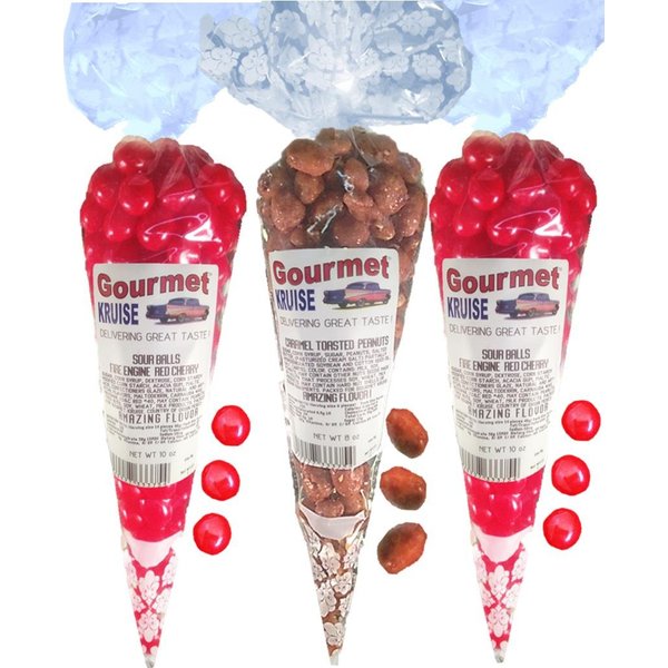 Sour Balls (2) Fire Engine Red Cherry (1) Caramel Toasted Peanuts (NET WT 28 OZ) Gourmet Kruise Signature Gift Bags