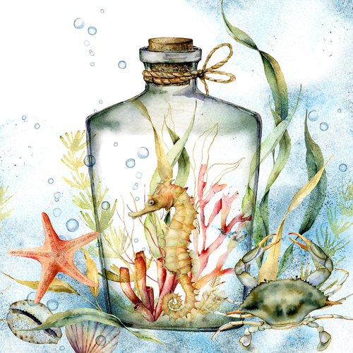 Coastal Cocktail Napkins BOTTLED SEAHORSE 40pcs 5x5 Beverage Napkins, Seahorse Napkins, Beach Cocktail Napkins, Decorative Napkins for Decoupage