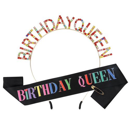 CURASA Birthday Headband for Women Girls Birthday Queen Sash and Crown Rainbow Birthday Headbands Birthday Queen Tiara for Little Girls Black Birthday Sash Happy Birthday Decoration for Party Gifts