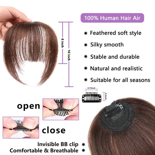 EBENK Clip in Bangs-100% human hair Brown Black Wispy Bangs in hair pieces, Fake Bangs Hair Clip, Easy Hair Extensions for women, Clip on Bangs Curved Bangs for Daily Wear