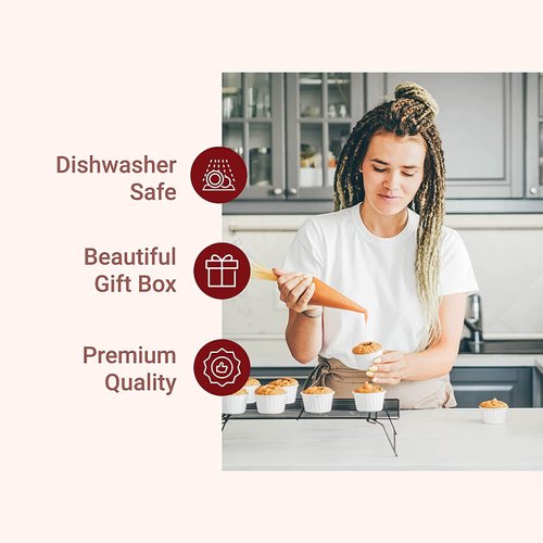 KITCHTIC Piping Bag Set - Large Reusable Cotton, Round Shape, 6 Pieces, Includes Nozzles, Adapter, Cleaning Brush & E-Book with Cake Decoration Tips