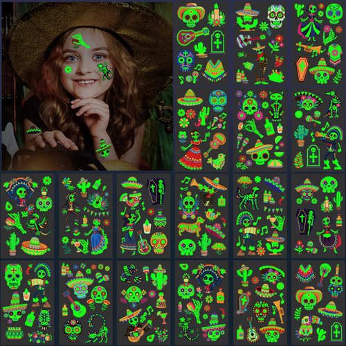 36 Sheets Halloween Temporary Tattoos for Day of the Dead, Glow in the Dark Fake Tattoos for Adults and Kids, 180 Patterns for Halloween Make Up Party, Skull Skeleton Black Cat Ghost Guitar Sticker