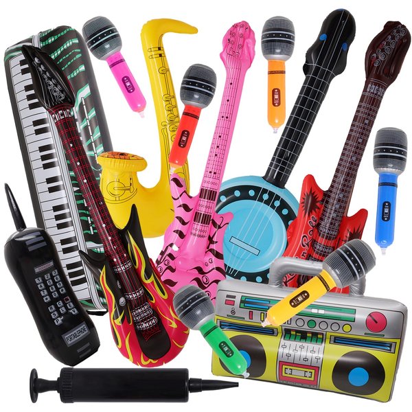 Fumwase 15PCS Inflatable Rock Star Toy Set Inflatable Instruments Party Props Rock Star Toy Set Guitar Bass Party Props for 80s 90s Party Decorations Rock and Roll Party Decorations (Rock Style, 15)