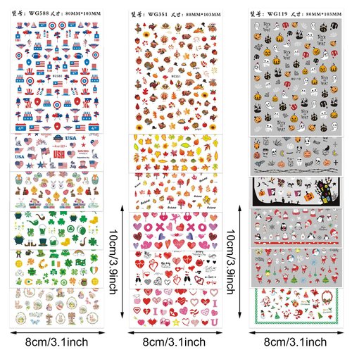 Whaline 18 Sheets All Holiday Nail Art Stickers Fall Nail Decals All Season Fall Thanksgiving Halloween Winter Christmas 4th of July Self-Adhesive Nail Decals for Autumn DIY Manicure Party Decor