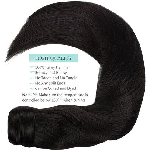 Hair Extensions Clip in Ponytail Human Hair Extensions Natural Black 16 Inch 80g Wrap Around Ponytail Hair Extensions with Magic Paste Pony Tail Hair Extensions Hairpieces for Girls