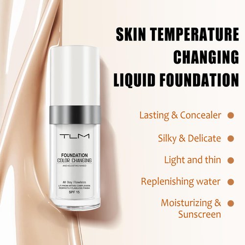 TLM Color Changing Foundation Liquid Flawless Full Coverage Natural Color Face Primer Base Makeup,Colour Changing Foundation, Hydrating Waterproof and Light Long Lasting Foundation 30ml
