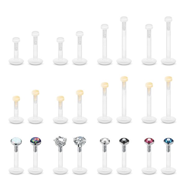 PiercingArt 24Pcs Bioflex Clear Lip Labret Rings Plastic Medusa Monroe Piercing Studs Plastic Flat Back Skintone Retainers Push Fit Jewelry for Ashelry Helix 6mm 8mm 10mm 12mm for Work 16G