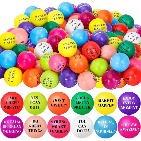 96 Pieces Motivational Stress Balls 2 Inch Inspirational Stress Relief Ball Bulk Hand Exercise Balls Encouraging Colorful Foam Balls Anxiety Small Balls with Quotes for Kids Adults Teens, 12 Styles