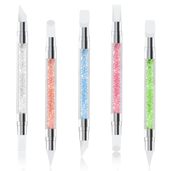 5 PCS Silicone Nail Art Acrylic Pen Brushes Set Dual Tipped Rhinestone Nail Polish Carving Pen Silicone Head Acrylic Handle Nail Art Brushes Silicone Nail Tools for Home Salon