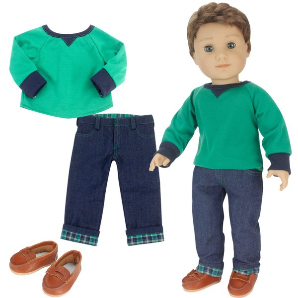 Sophia's 18" Doll 3 pc. Boy Doll Green Long-Sleeved Shirt with Blue Trim, Flannel Cuffed Jeans, and Cognac Brown Penny Loafers