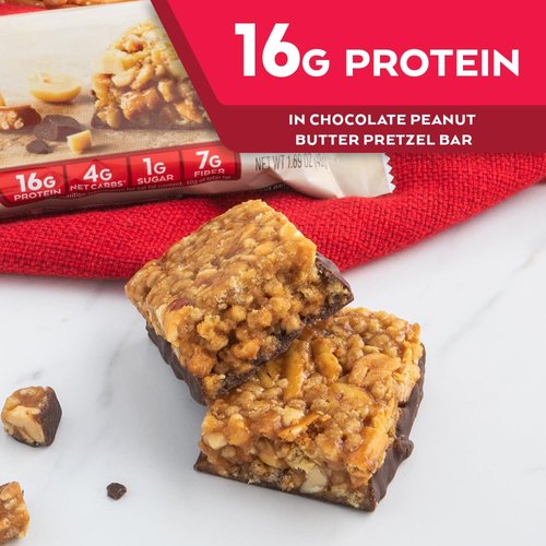 Atkins Chocolate Peanut Butter Pretzel Protein Meal Bar, High Fiber, 16g Protein, 1g Sugar, 4g Net Carbs, Meal Replacement, Keto Friendly, 5 Count