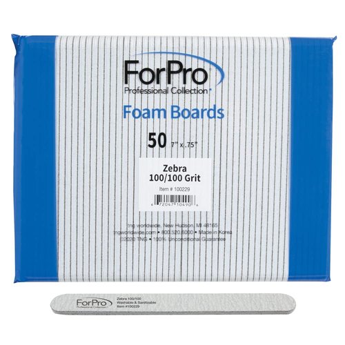 ForPro Professional Collection Zebra Foam Board, 100/100 Grit, Double-Sided Manicure Nail File, 7” L x .75” W 50-Count