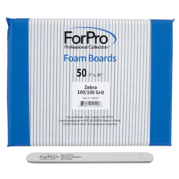 ForPro Professional Collection Zebra Foam Board, 100/100 Grit, Double-Sided Manicure Nail File, 7” L x .75” W 50-Count
