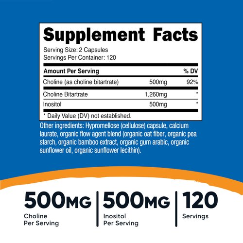 Nutricost Choline & Inositol Supplement (1,000mg) 240 Capsules - 500mg Choline, 500mg Inositol, GMO-Free, Gluten-Free, 120 Servings
